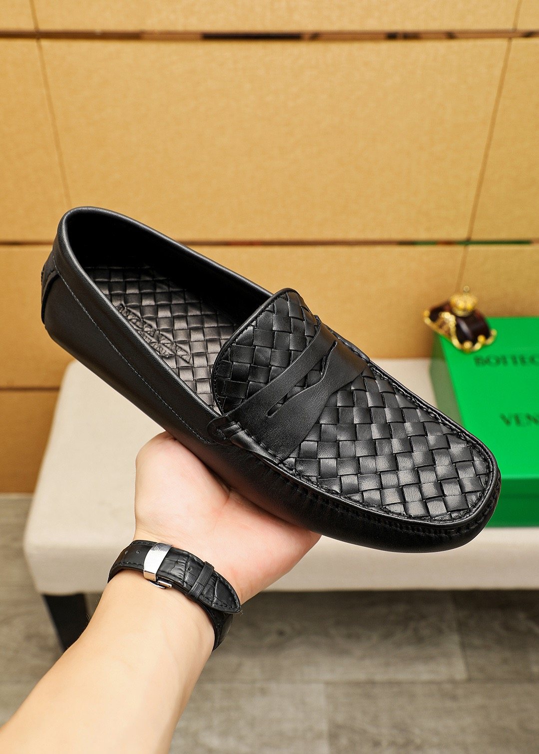 Bottega Veneta Black Woven Leather Loafers